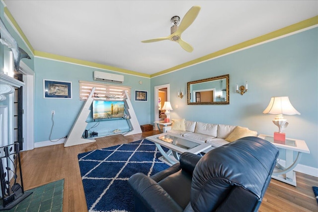 living room with ceiling fan, ornamental molding, dark hardwood / wood-style flooring, and a wall mounted AC