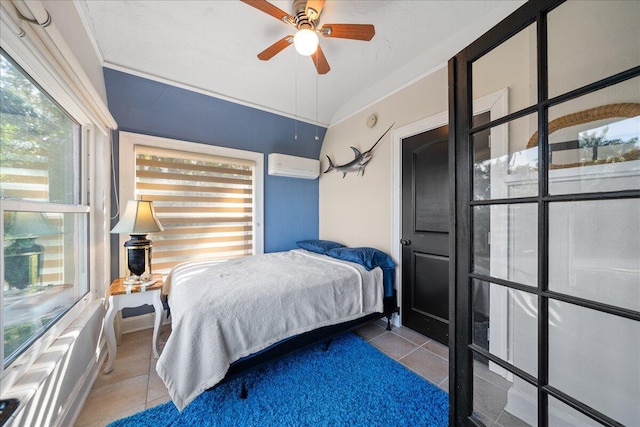 tiled bedroom with ornamental molding and a wall mounted AC