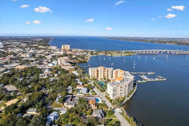 aerial view featuring a water view