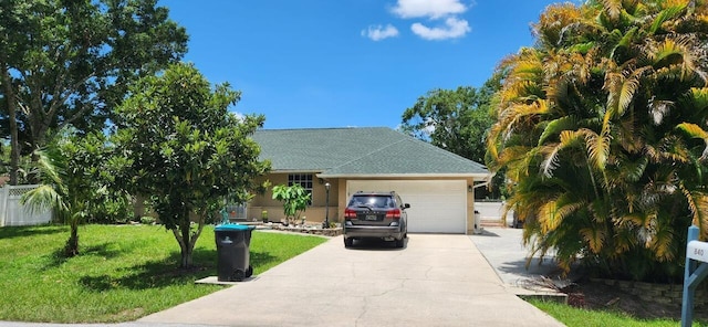 single story home with a garage and a front lawn