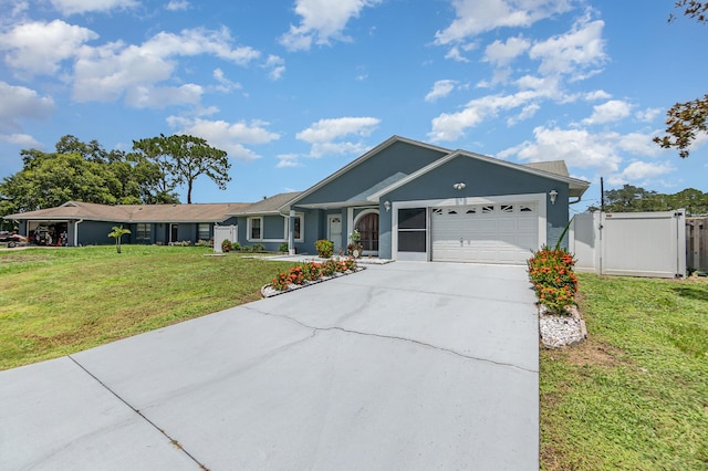 ranch-style house with a garage and a front lawn