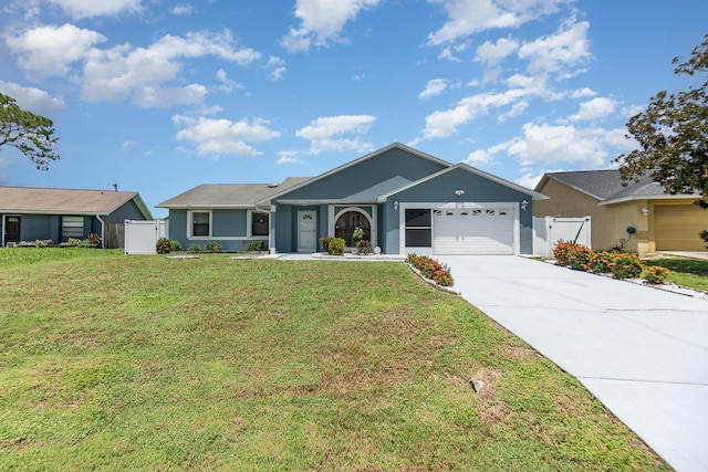 ranch-style home with a garage and a front yard