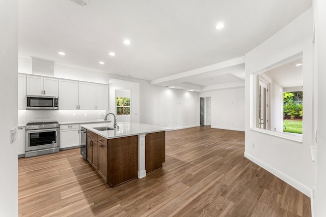 kitchen featuring a wealth of natural light, an island with sink, light hardwood / wood-style floors, appliances with stainless steel finishes, and sink