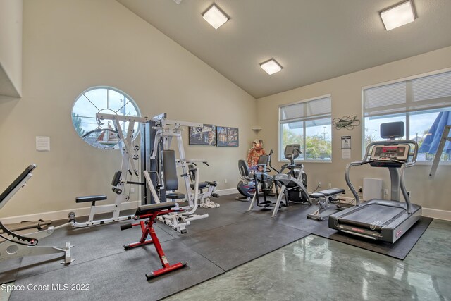 workout area featuring vaulted ceiling