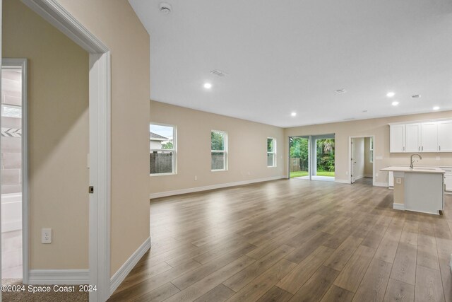 unfurnished living room with sink and wood-type flooring