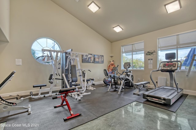 exercise room with baseboards and high vaulted ceiling
