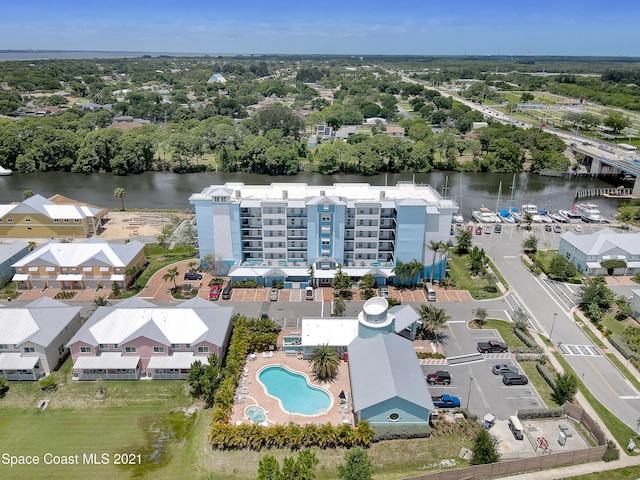 drone / aerial view featuring a water view