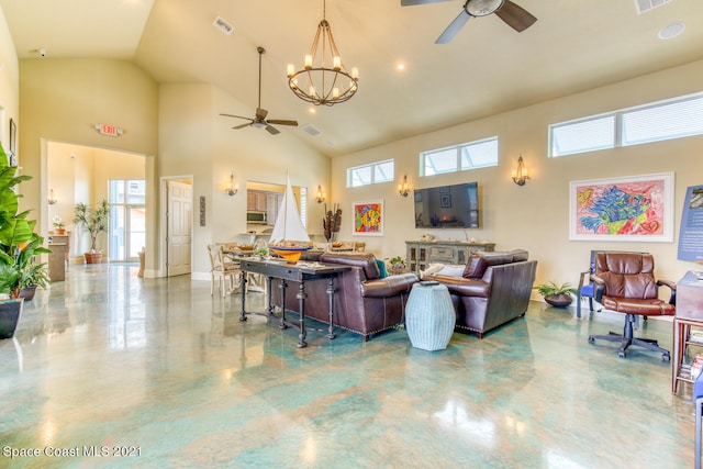 living area with high vaulted ceiling, visible vents, and ceiling fan with notable chandelier