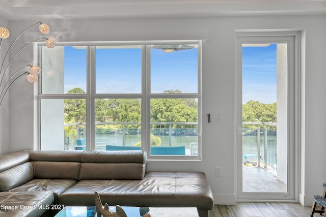 living room featuring a water view, baseboards, and wood finished floors
