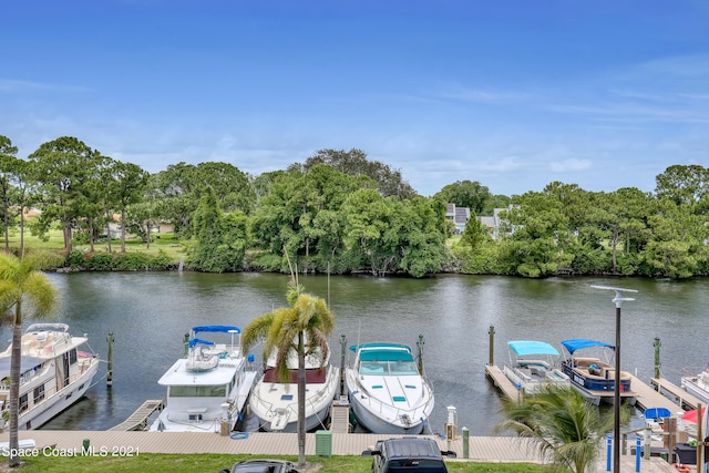 view of dock with a water view