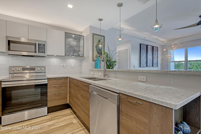 kitchen with appliances with stainless steel finishes, light hardwood / wood-style flooring, light stone counters, hanging light fixtures, and decorative backsplash