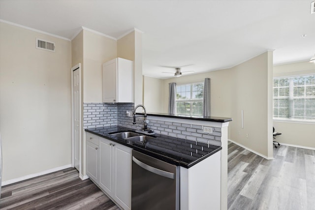 kitchen with sink, white cabinetry, stainless steel dishwasher, kitchen peninsula, and backsplash