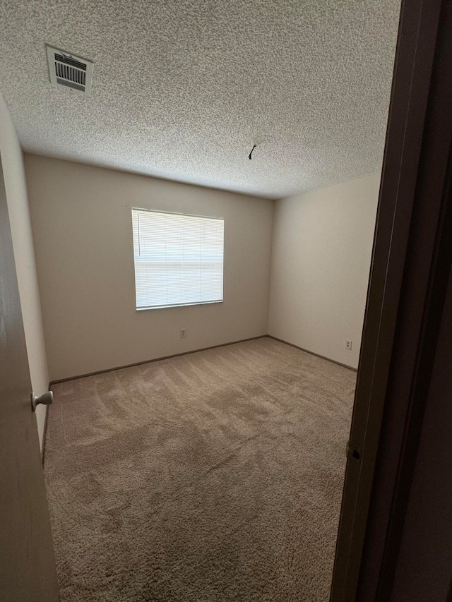 unfurnished room featuring a textured ceiling and light colored carpet