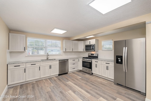 kitchen with light wood-type flooring, stainless steel appliances, a healthy amount of sunlight, and sink