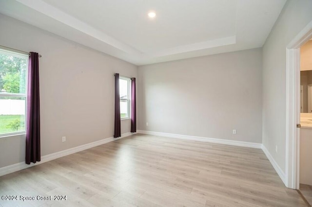 empty room with a tray ceiling, light wood-type flooring, and plenty of natural light