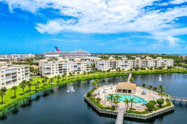 birds eye view of property featuring a water view