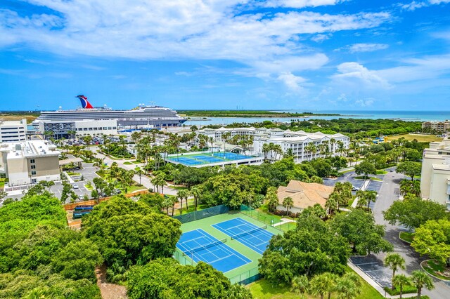 bird's eye view with a water view