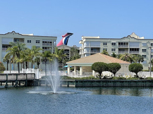 exterior space with a water view