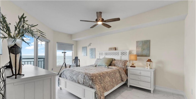 tiled bedroom featuring ceiling fan, access to outside, and a water view