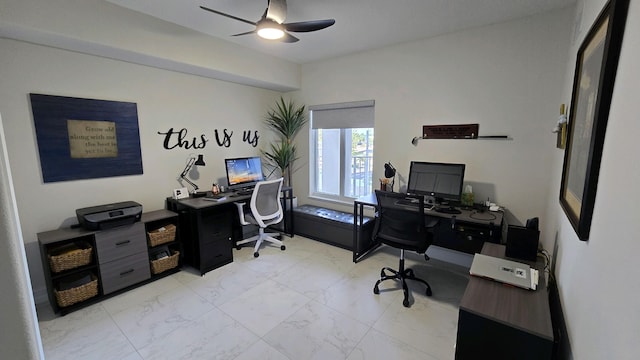 tiled office featuring ceiling fan