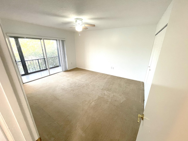 interior space with access to outside, carpet flooring, and a ceiling fan