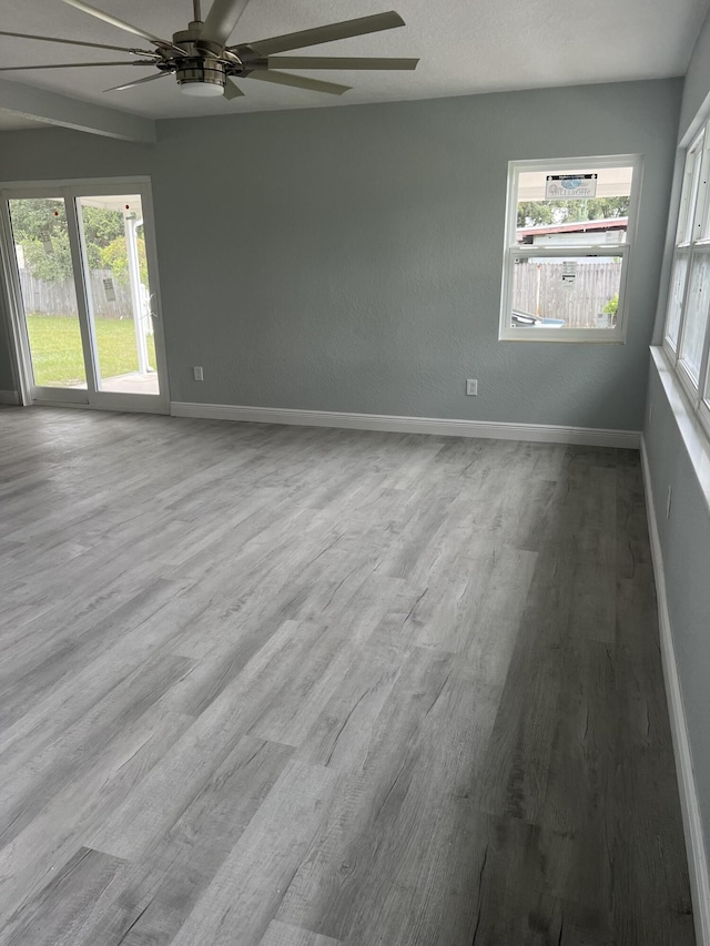 empty room with ceiling fan and light wood-type flooring