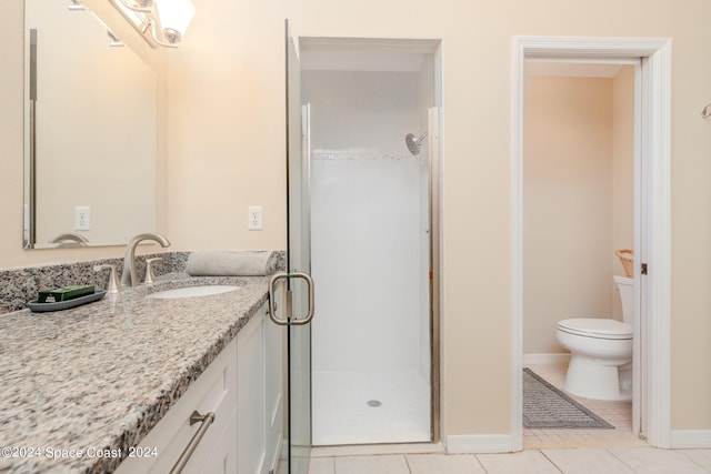 bathroom with tile patterned floors, walk in shower, toilet, and vanity