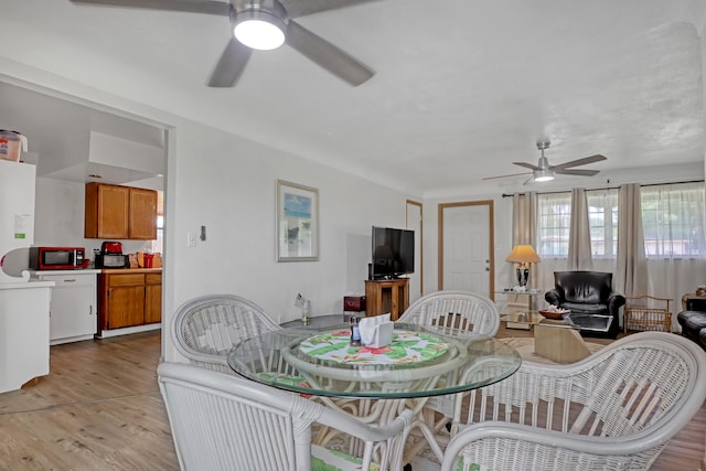 dining area with ceiling fan and light wood-type flooring