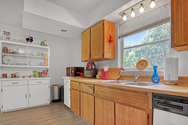 kitchen featuring dishwasher, track lighting, light hardwood / wood-style floors, and sink