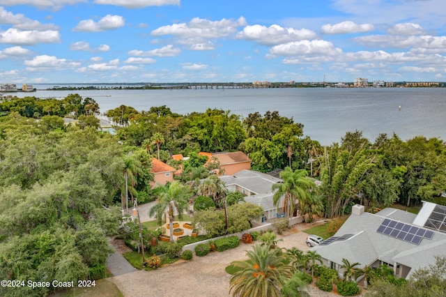 drone / aerial view with a water view