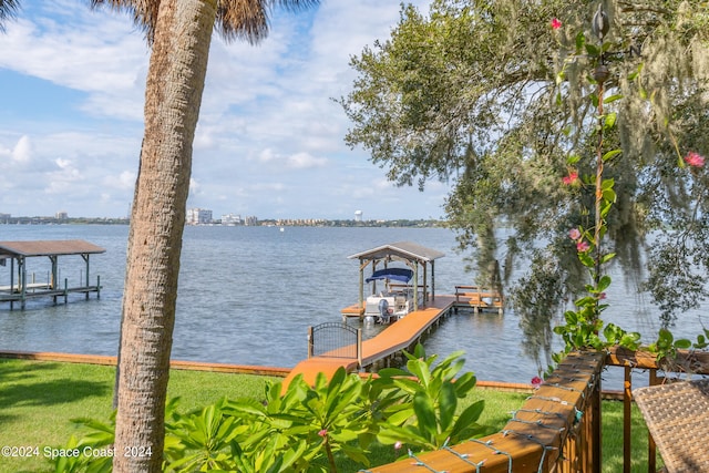 view of dock with a water view