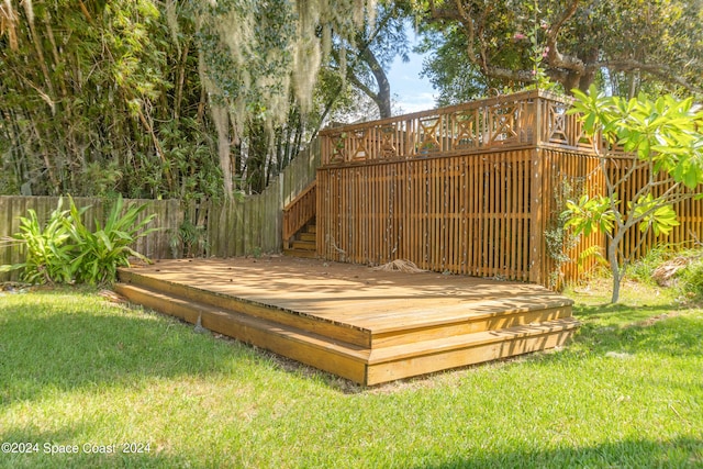 wooden deck featuring a yard