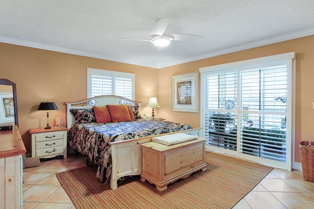 bedroom with ornamental molding, a textured ceiling, and light tile patterned floors