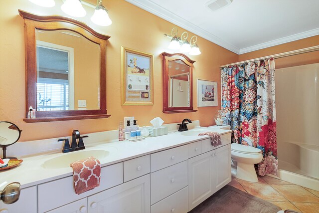 bathroom featuring tile patterned flooring, ornamental molding, curtained shower, and vanity