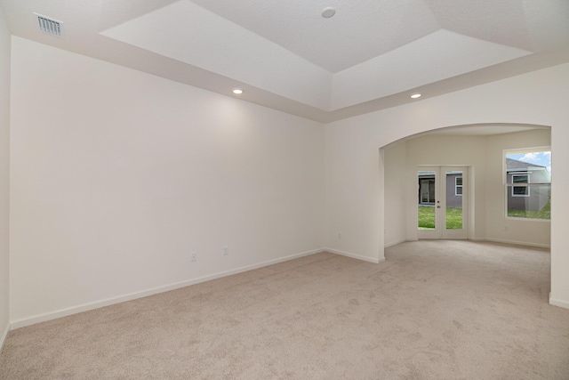 carpeted spare room with a tray ceiling