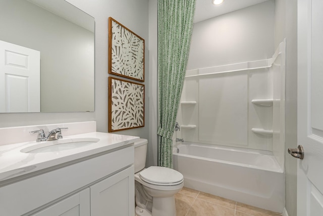 full bathroom with vanity, toilet, tile patterned floors, and shower / tub combo with curtain