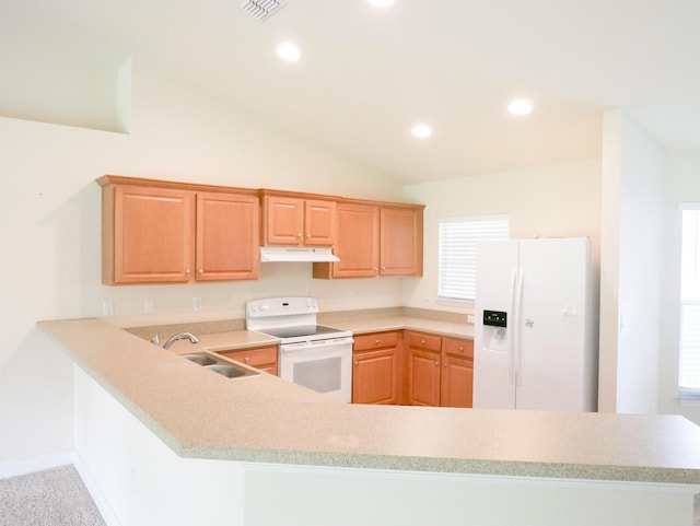 kitchen featuring white appliances, visible vents, light countertops, under cabinet range hood, and a sink