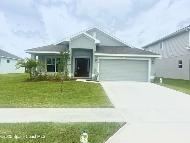 858 Soleway Dr, Palm Bay, FL 32907 - ranch-style house with a garage, stucco siding, driveway, a front yard, and roof with shingles