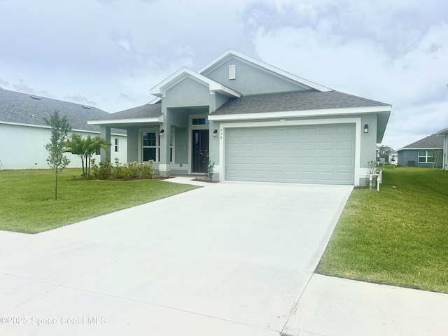 858 Soleway Dr, Palm Bay, FL 32907 - single story home featuring stucco siding, concrete driveway, a garage, a front lawn, and roof with shingles