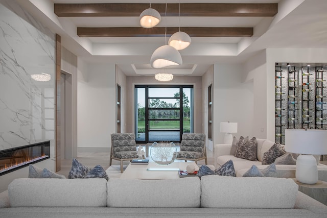 living room with beam ceiling