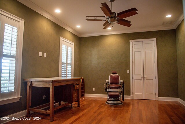 office area with ceiling fan, ornamental molding, and hardwood / wood-style flooring