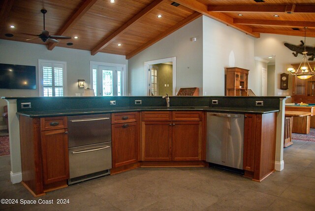 kitchen with ceiling fan with notable chandelier, wood ceiling, a center island with sink, and stainless steel dishwasher