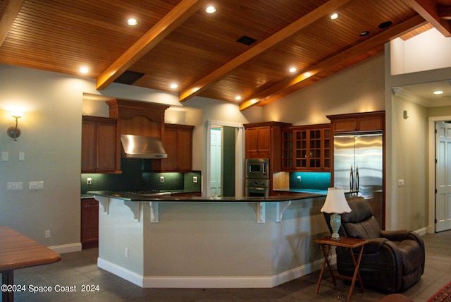 kitchen with a breakfast bar area, appliances with stainless steel finishes, wood ceiling, ventilation hood, and lofted ceiling with beams