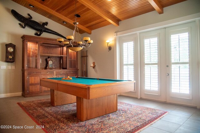 game room featuring billiards, plenty of natural light, vaulted ceiling with beams, and wooden ceiling