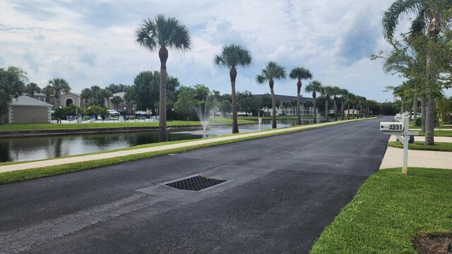 view of street with a water view