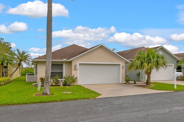 single story home featuring a garage, concrete driveway, a front lawn, and stucco siding