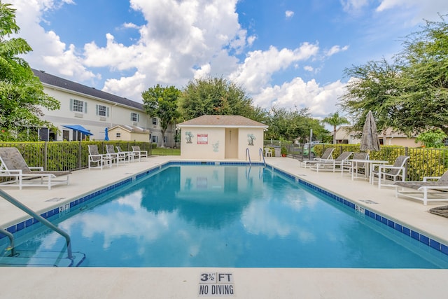 view of swimming pool with a patio area