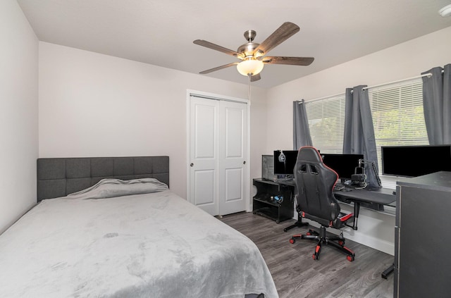 bedroom with ceiling fan, dark hardwood / wood-style flooring, and a closet