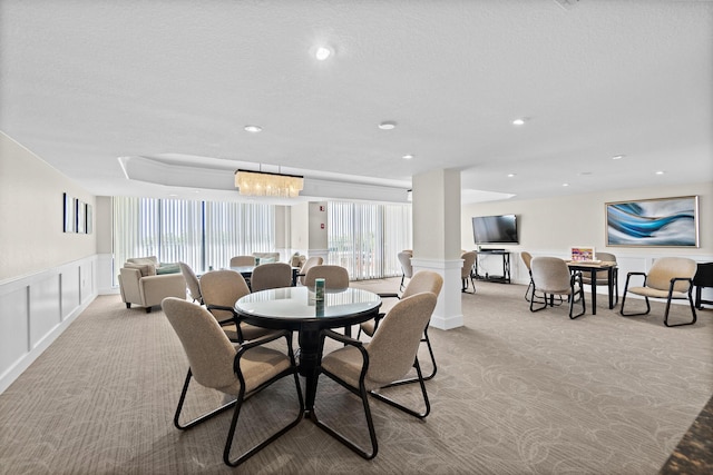 dining space featuring carpet floors, wainscoting, decorative columns, and a decorative wall