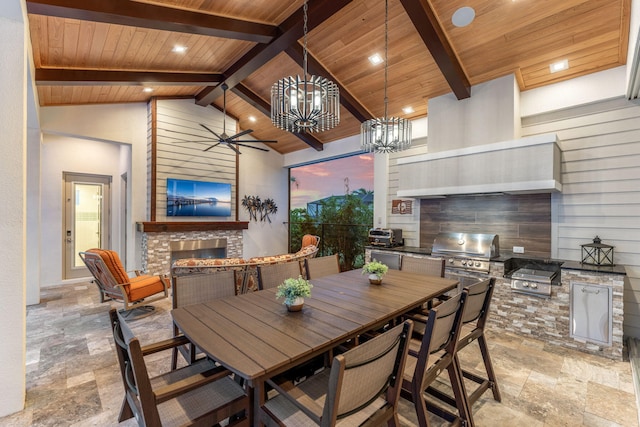 tiled dining space featuring high vaulted ceiling, a fireplace, ceiling fan with notable chandelier, and wooden ceiling